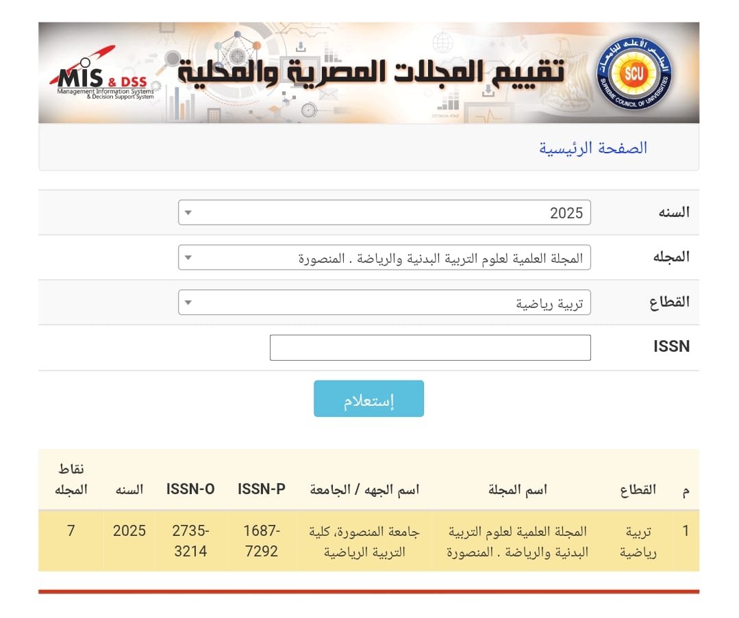 The journal received a rating of (7) in the classification of scientific journals issued by the Supreme Council of Universities