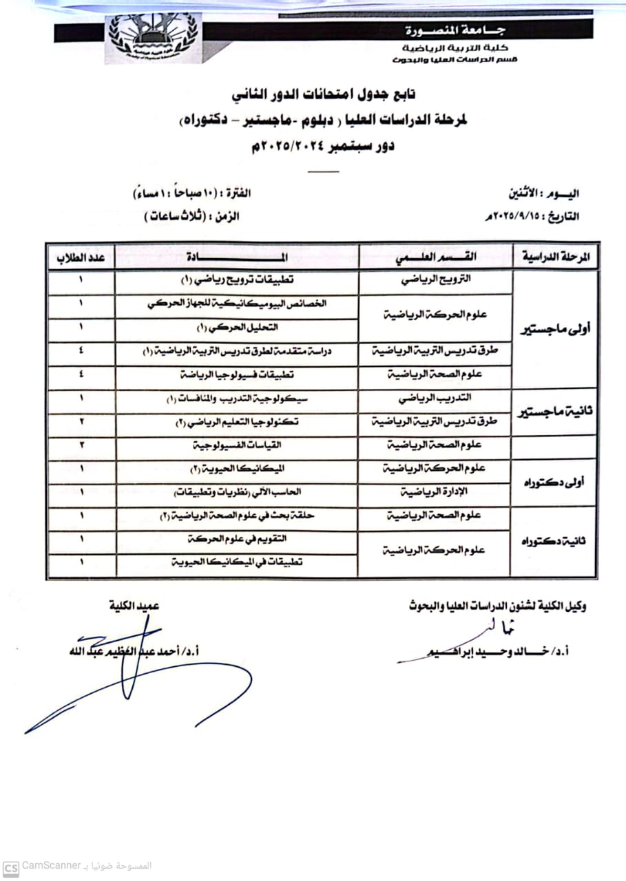 جداول الدور الثاني  لمرحلة الدراسات العليا للعام الجامعى 2024 /2025